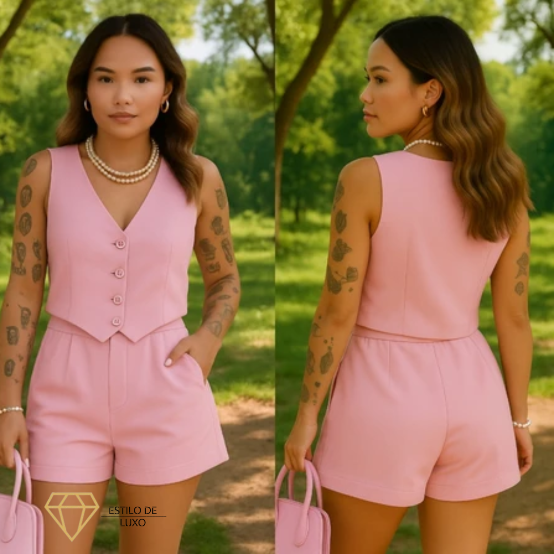 Conjunto Feminino Social em Alfaiataria com Colete e Shorts