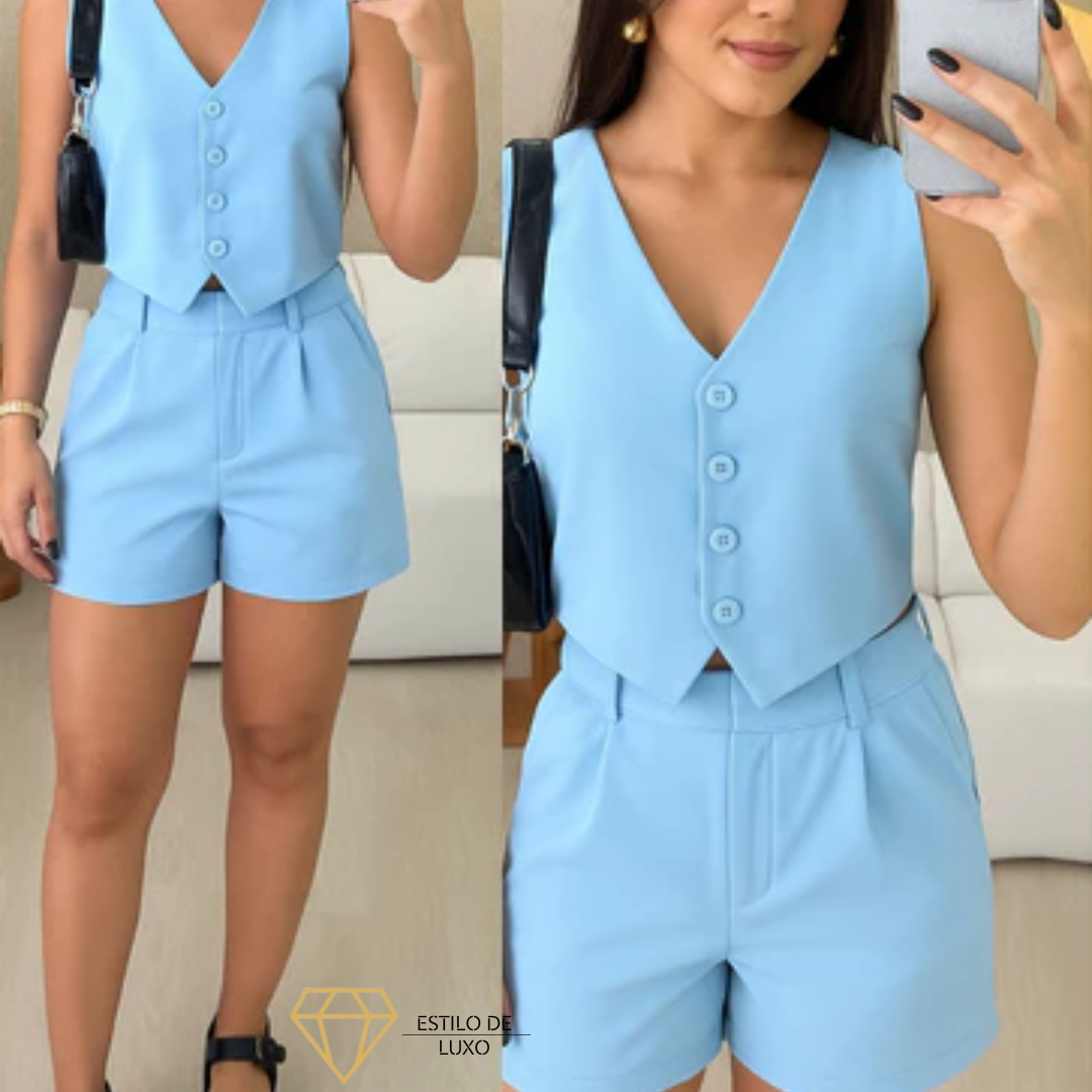 Conjunto Feminino Social em Alfaiataria com Colete e Shorts