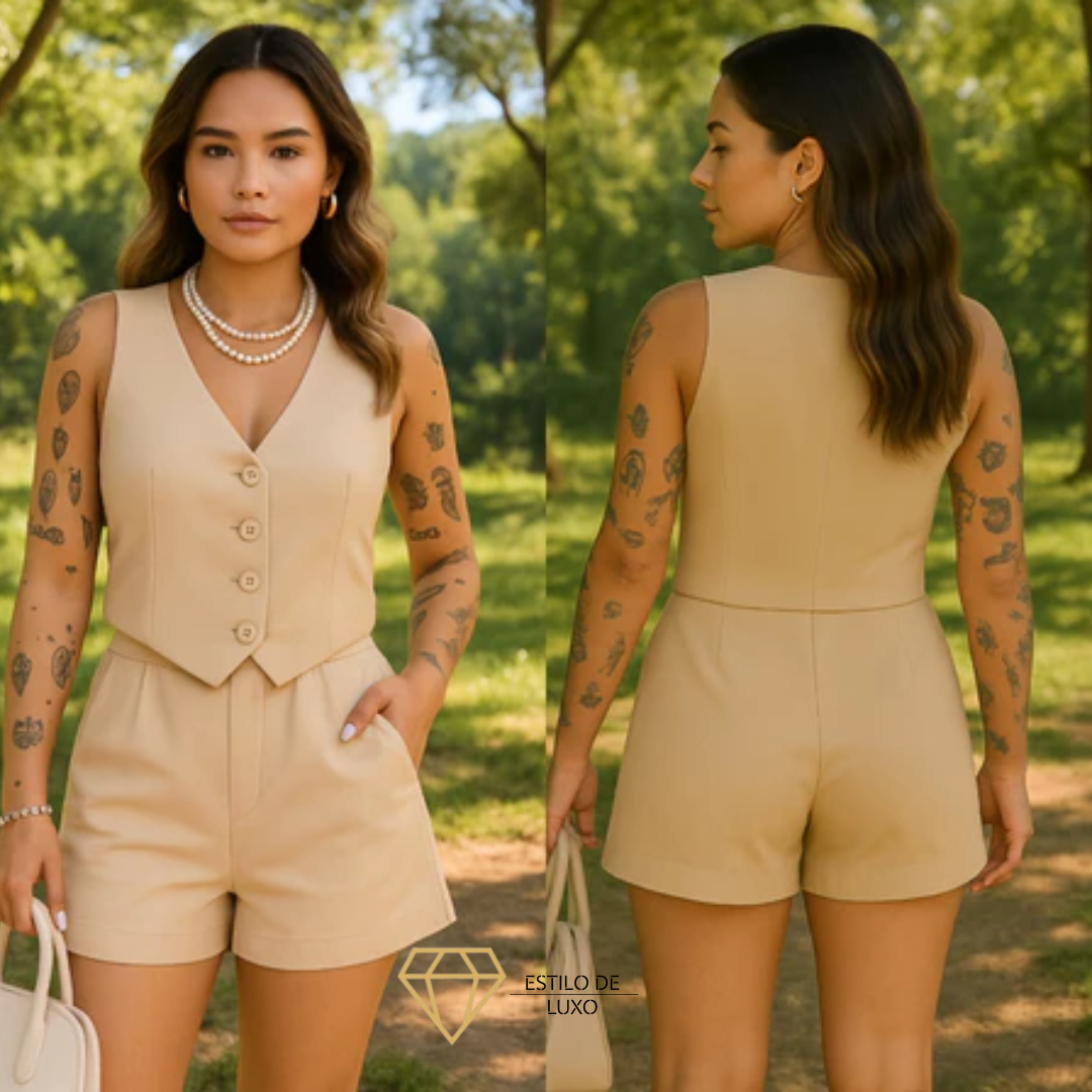 Conjunto Feminino Social em Alfaiataria com Colete e Shorts
