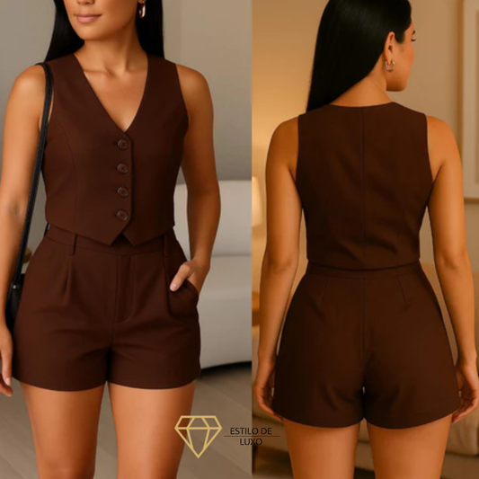 Conjunto Feminino Social em Alfaiataria com Colete e Shorts