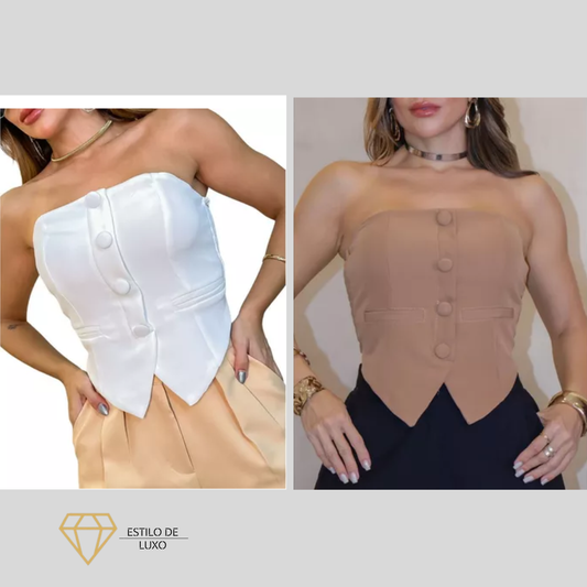 Top Cropped Sem Alças com Elastano nas Costas de Alfaiataria Elegante - PROMOÇÃO