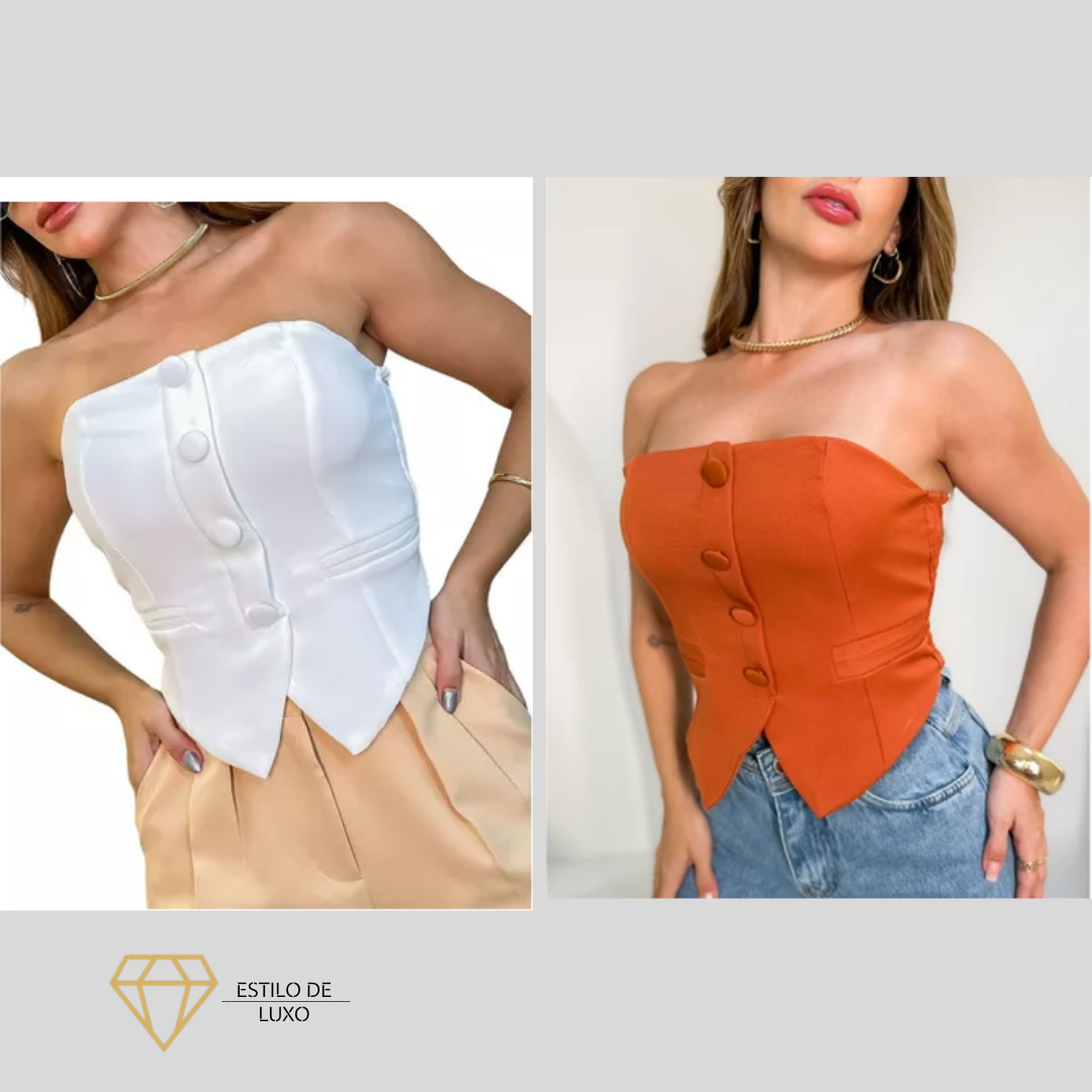 Top Cropped Sem Alças com Elastano nas Costas de Alfaiataria Elegante - PROMOÇÃO