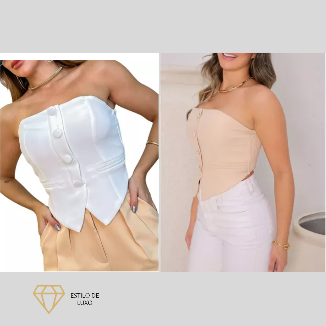Top Cropped Sem Alças com Elastano nas Costas de Alfaiataria Elegante - PROMOÇÃO