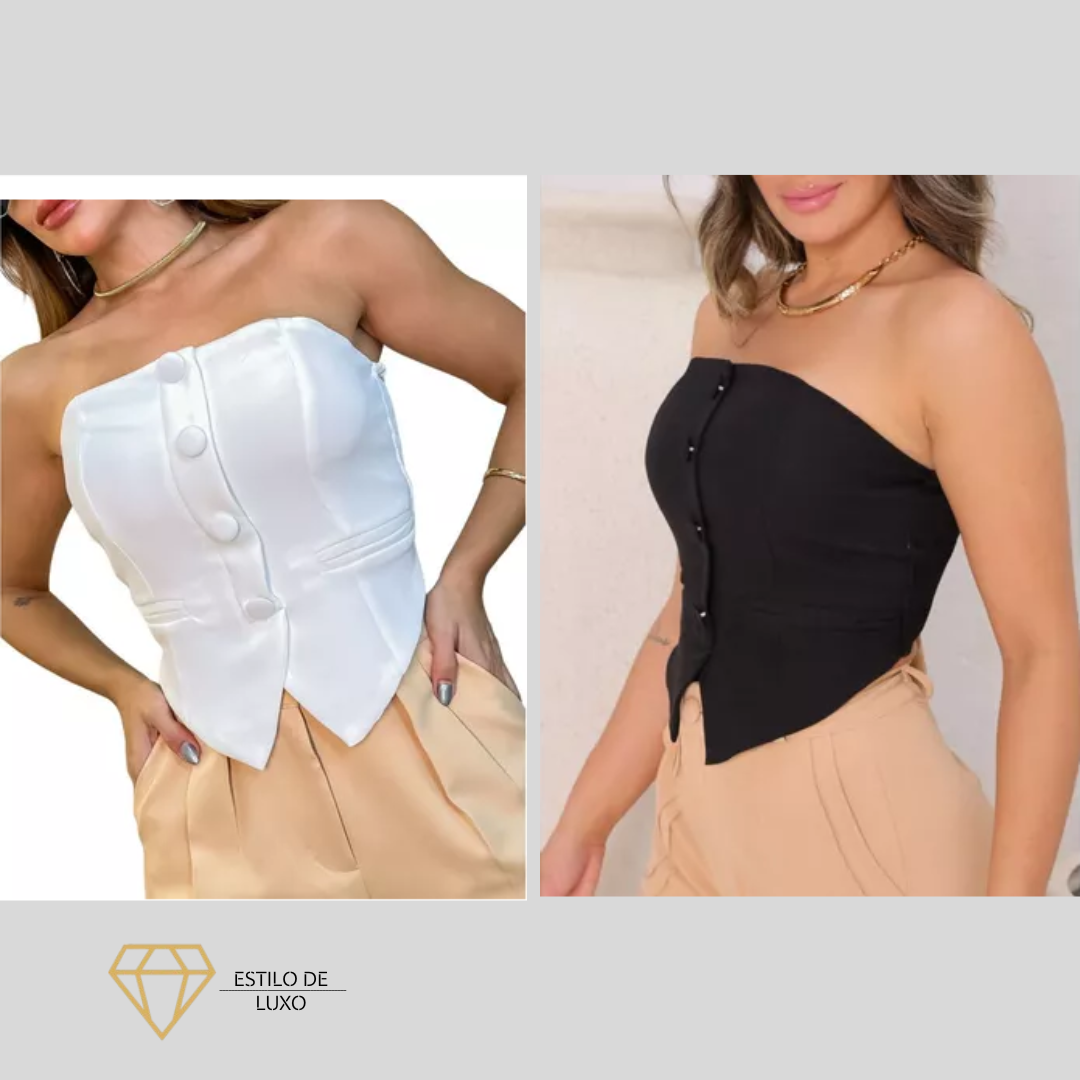 Top Cropped Sem Alças com Elastano nas Costas de Alfaiataria Elegante - PROMOÇÃO