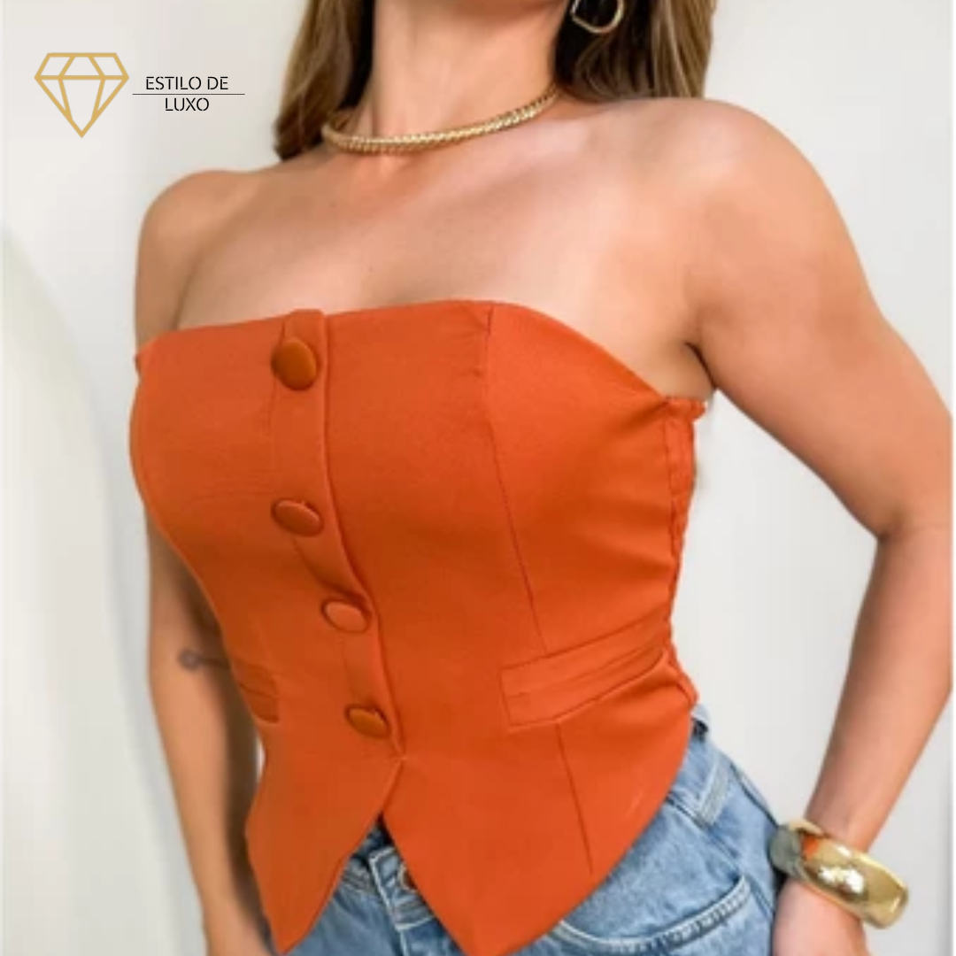 Top Cropped Sem Alças com Elastano nas Costas de Alfaiataria Elegante