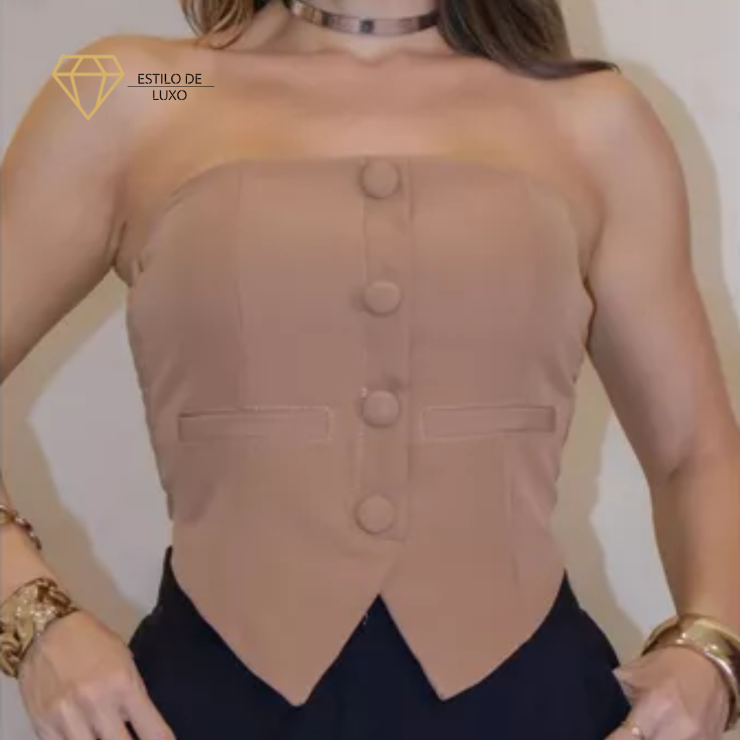 Top Cropped Sem Alças com Elastano nas Costas de Alfaiataria Elegante