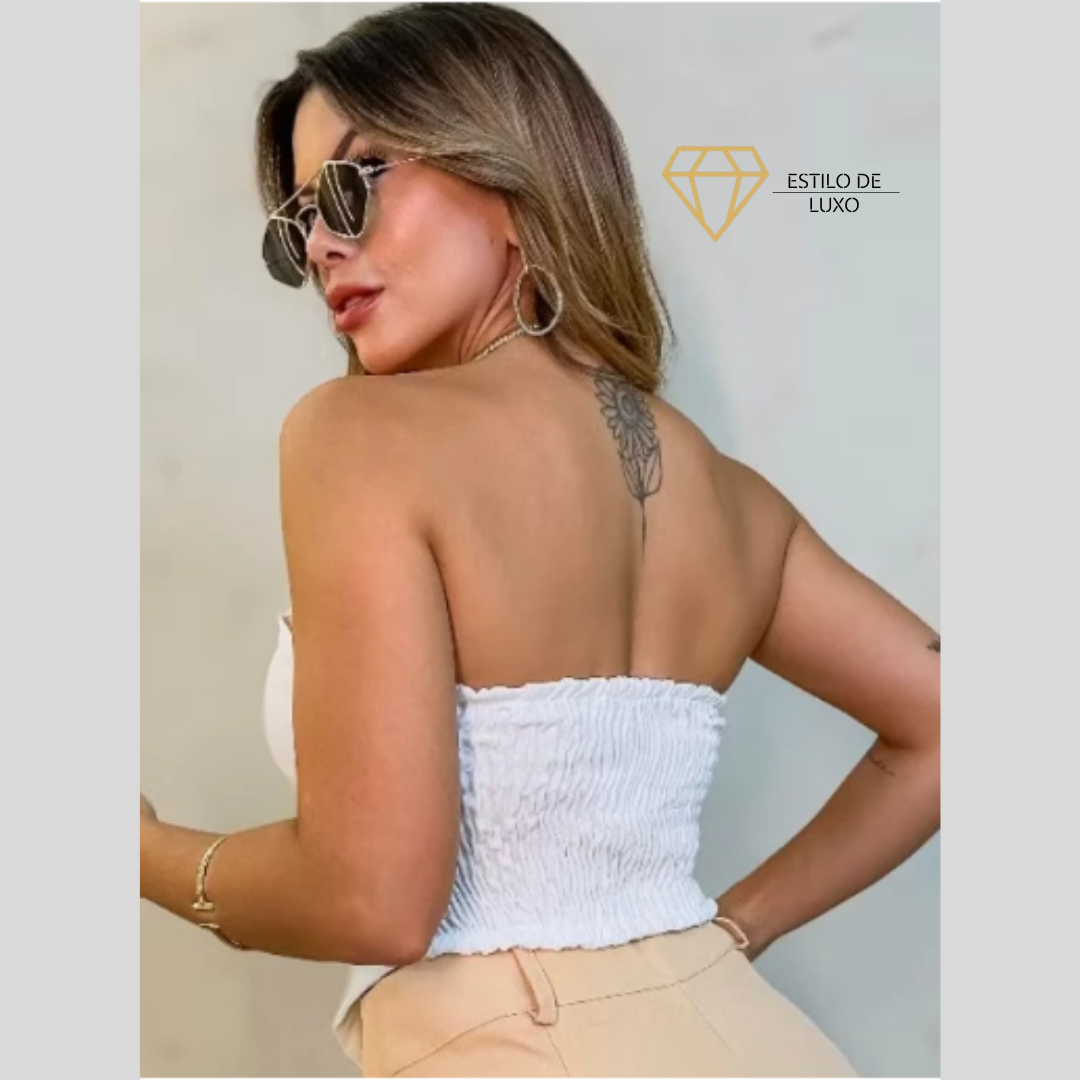 Top Cropped Sem Alças com Elastano nas Costas de Alfaiataria Elegante