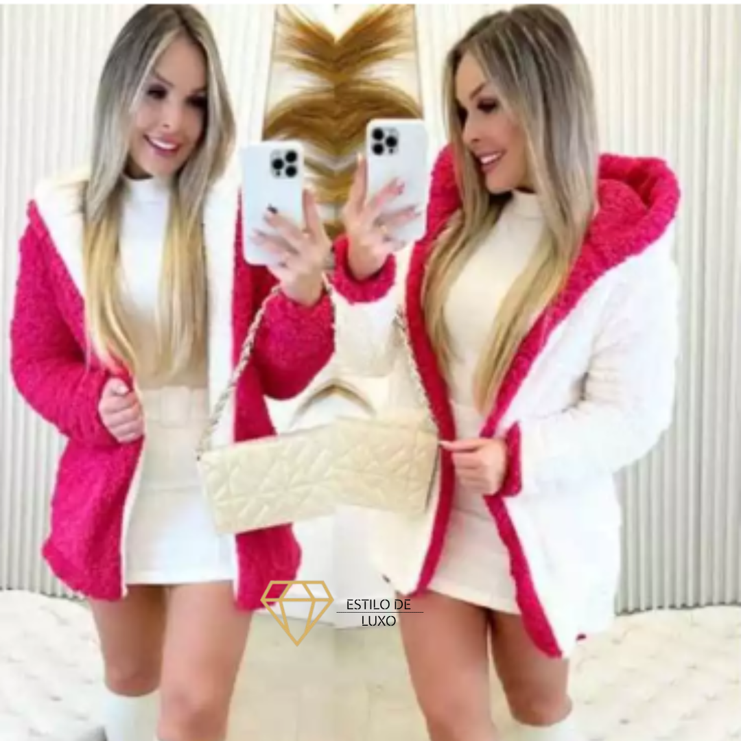 Casaco Teddy Dupla face Com Capuz e Bolso