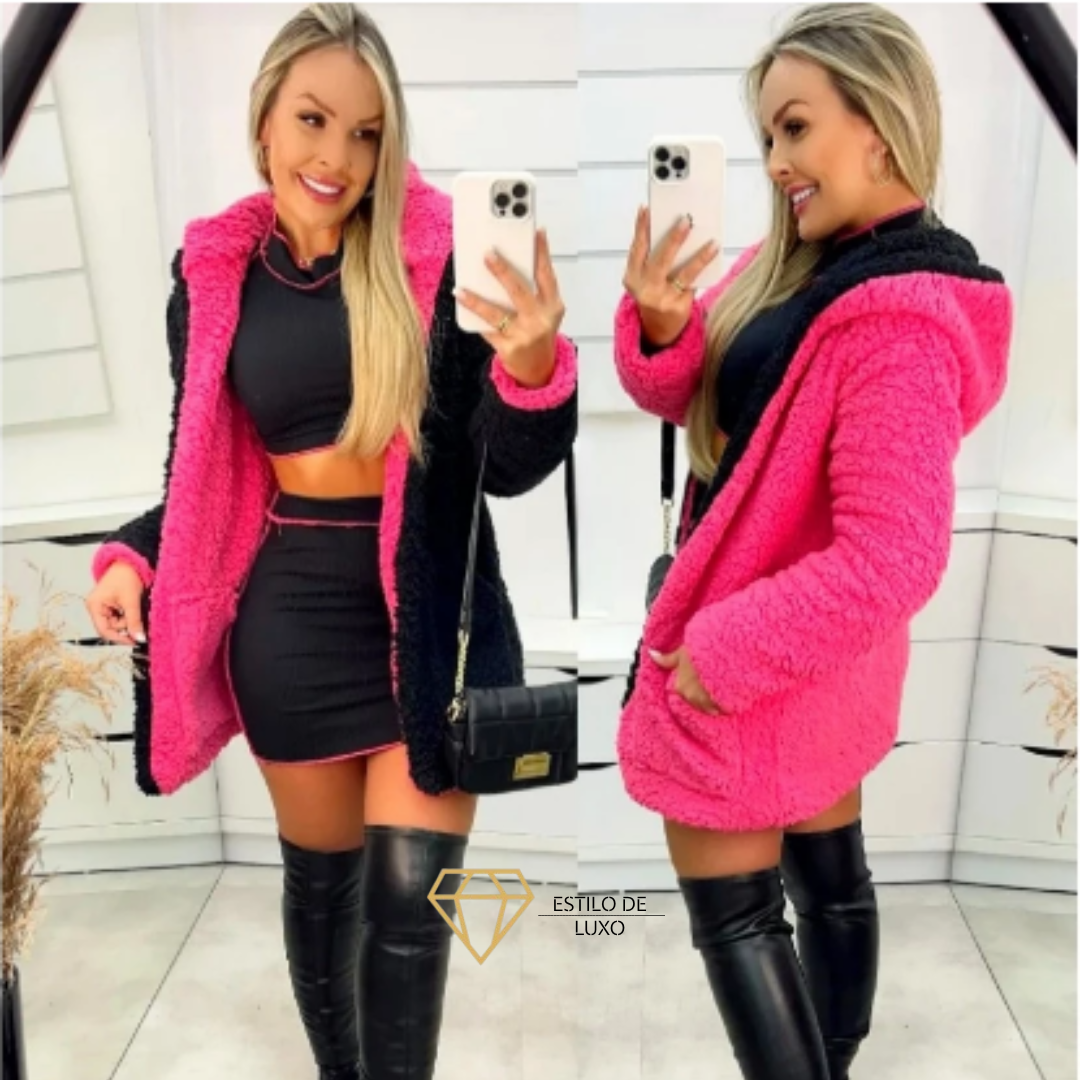 Casaco Teddy Dupla face Com Capuz e Bolso