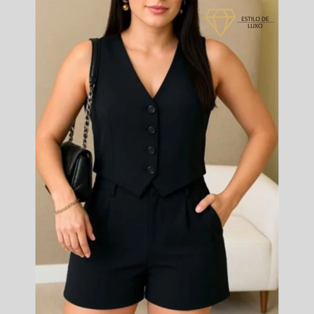 Conjunto Feminino Social em Alfaiataria com Colete e Shorts