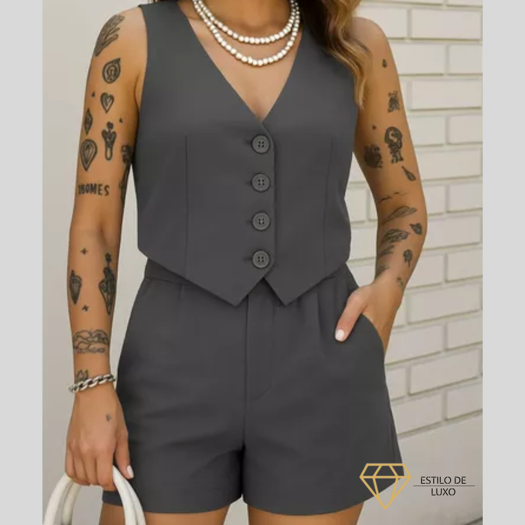Conjunto Feminino Social em Alfaiataria com Colete e Shorts