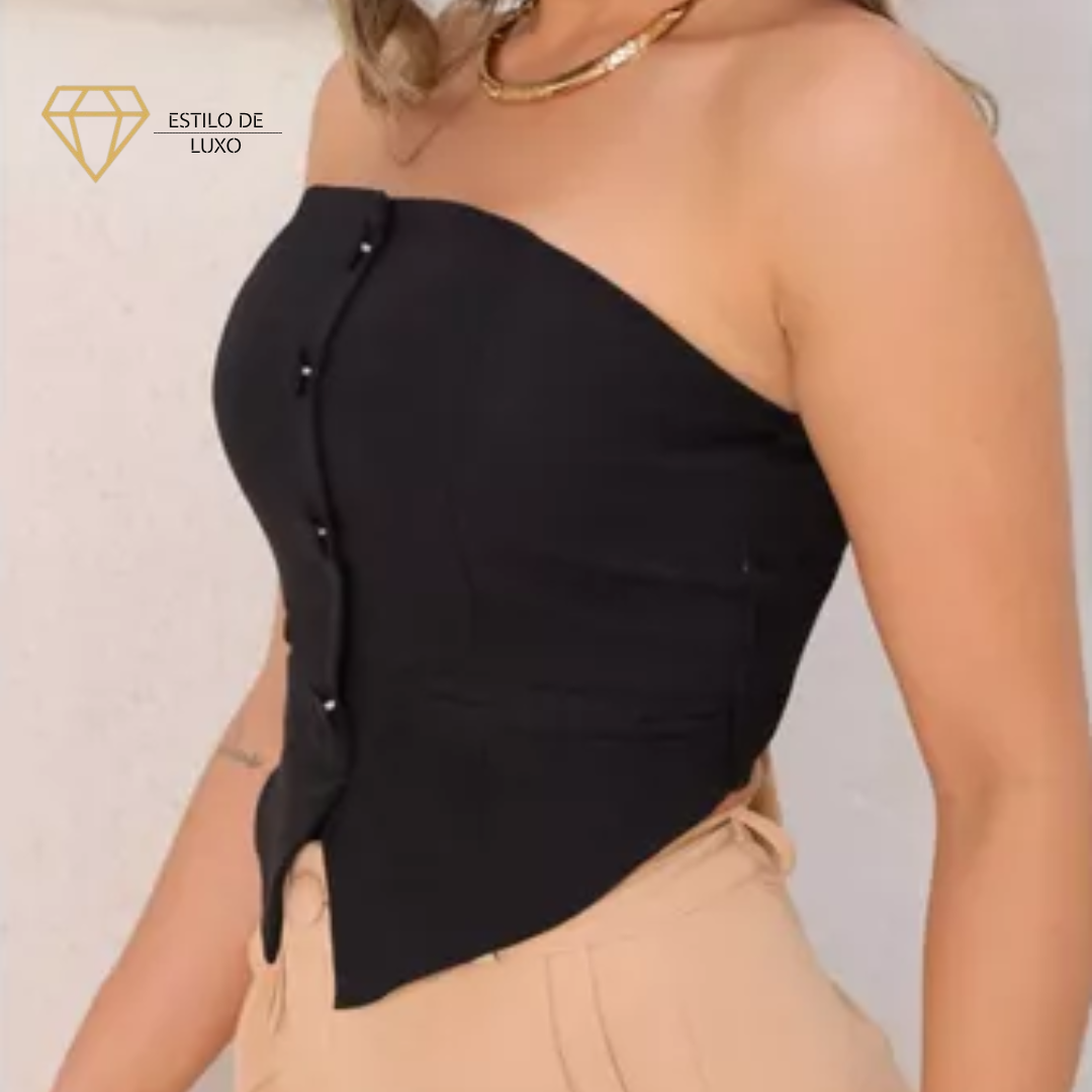 Top Cropped Sem Alças com Elastano nas Costas de Alfaiataria Elegante