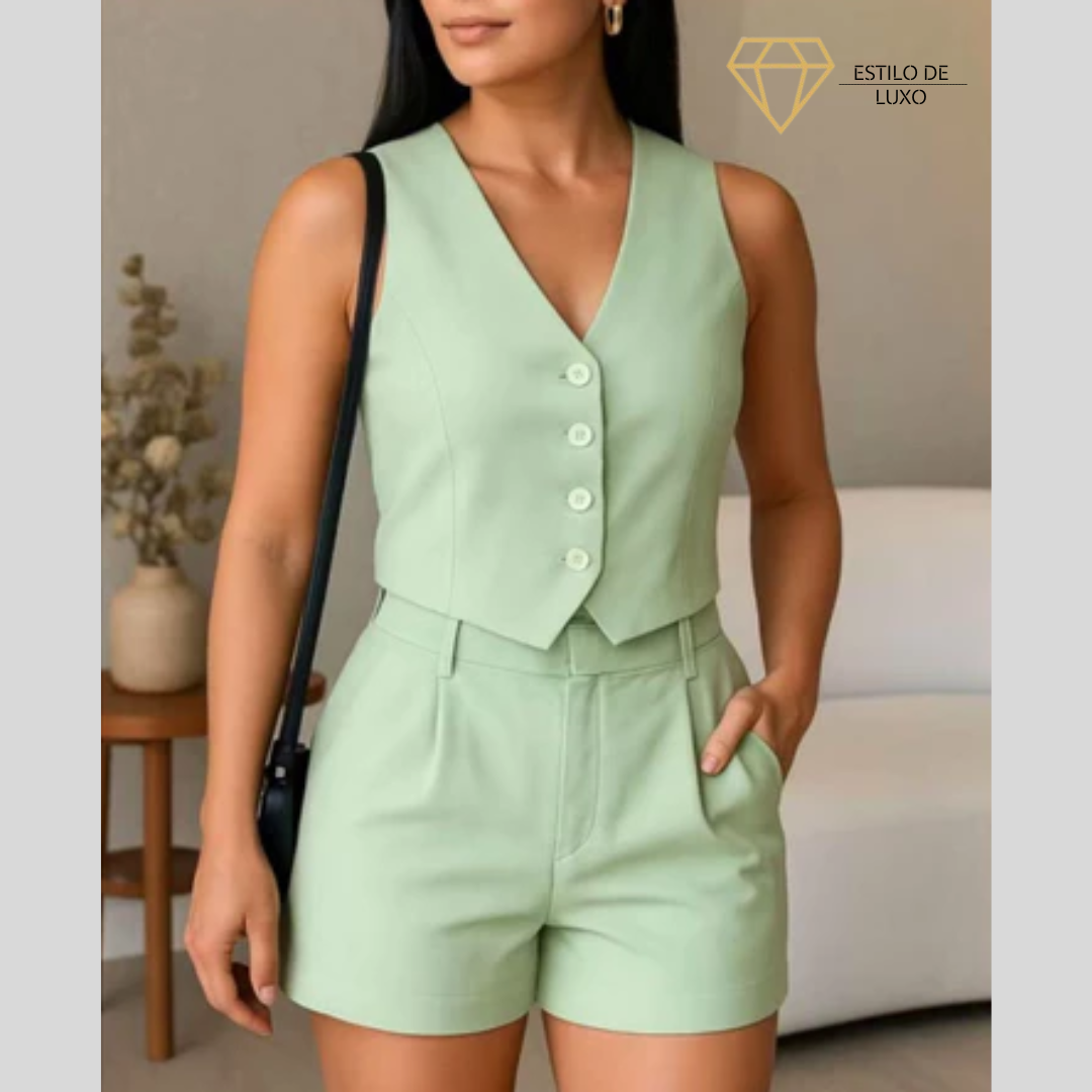 Conjunto Feminino Social em Alfaiataria com Colete e Shorts