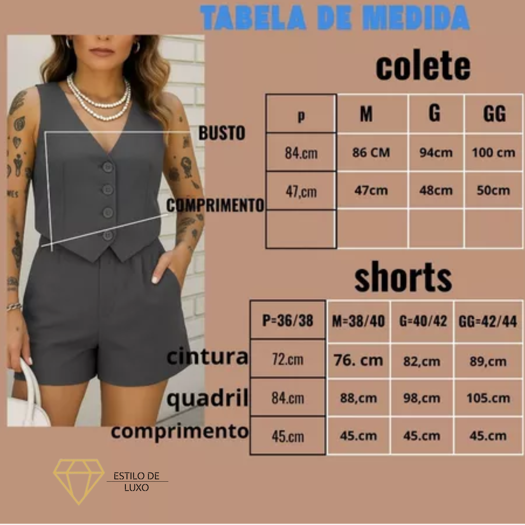 Conjunto Feminino Social em Alfaiataria com Colete e Shorts