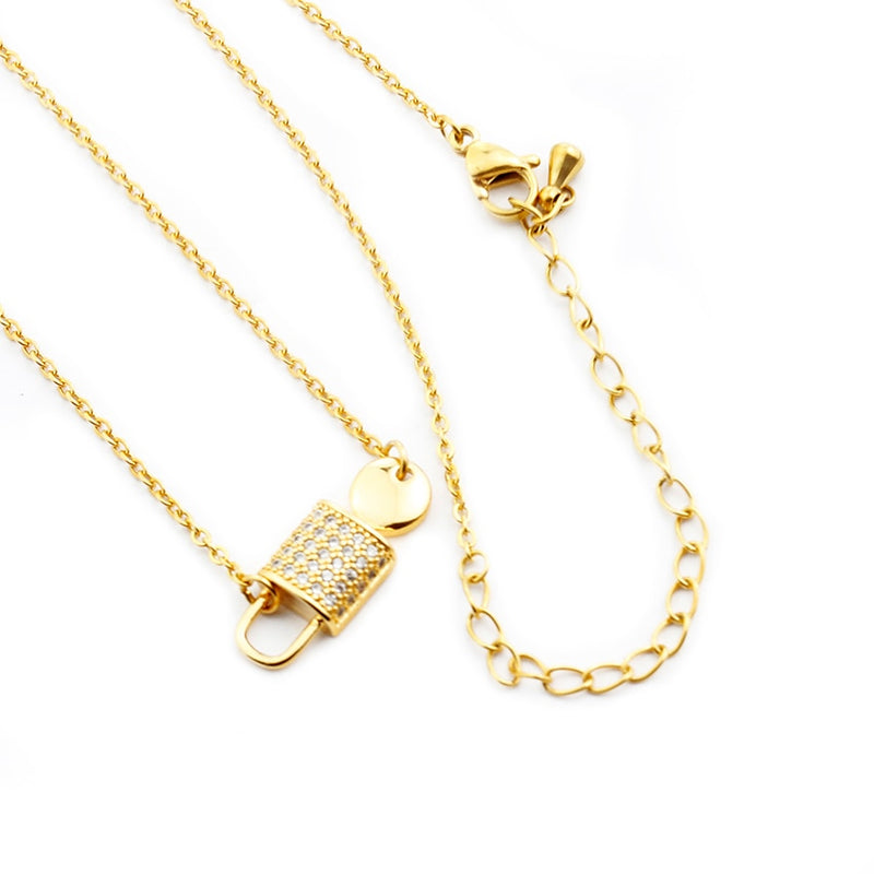 Colar Feminino Cadeado Cravejado Samanta Folheado a Ouro 18k